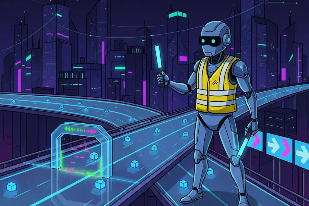 Robot directing data traffic at a futuristic checkpoint, illustrating Next.js Proxy and Rewrites flow